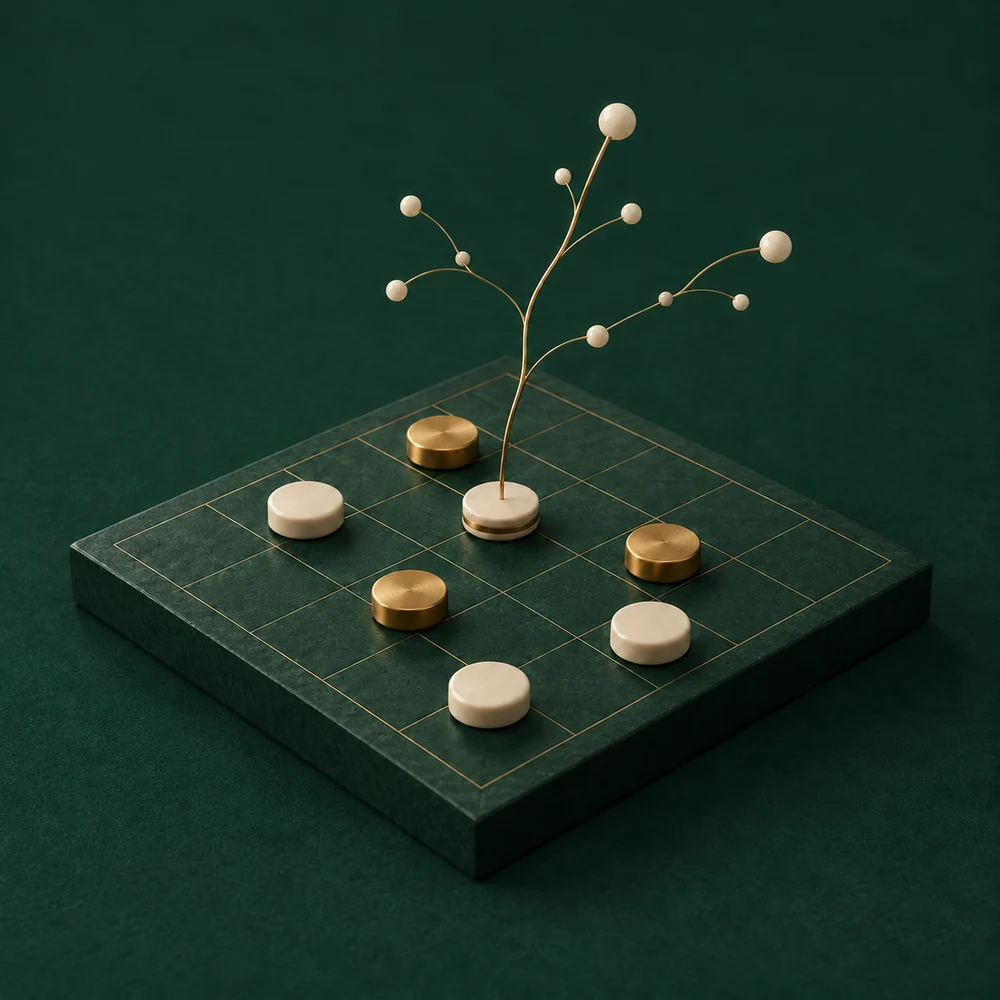 Ivory and brass game pieces on a green board, with branching paths representing possible moves.